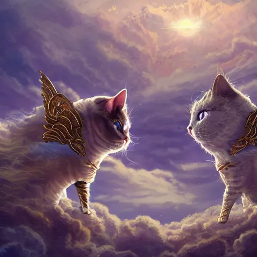 Prompt: the ancient world, hyper complexity, highly detailed, cinematic lighting, pastel colored sunrise, flying robotic cats with gold metal huge wings on its back in the cloudy sky, sharp outlines, complete whole cat body, another sleeping cat face in the clouds watching each other, hyperrealistic, trending on pixiv fanbox, love death robot,