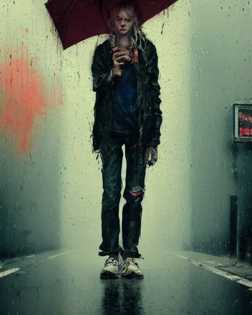 Prompt: rainy street, homeless girl portrait photo, messy bleached hair, torn clothes, richard avedon, martin schoeller, id magazine, epic scene, david cronenberg, kilian eng vibrant colours, dramatic dynamic lighting, photo real, detailed, beksinski, dan mumford, artstation, greg rutkowski, sharp focus, 8 k