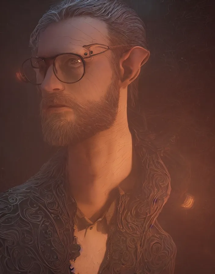 Image similar to portrait of a handsome male elf mage with a beard wearing jean paul gaultier eyewear, magic hour, fog, intricate artwork by Tooth Wu and wlop and beeple and dan mumford. octane render, trending on artstation, greg rutkowski very coherent symmetrical artwork. cinematic, hyper realism, high detail, octane render, 8k, depth of field, bokeh