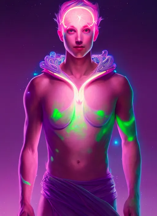 Image similar to a male faceless glowing liquefied stardust adventurer, dnd fantasy character, full body portrait, glowing neon skin, magical aura, ultra realistic, intricate, elegant, highly detailed, digital painting, artstation, smooth, sharp, focus, illustration, art by artgerm and greg rutkowski and alphonse mucha