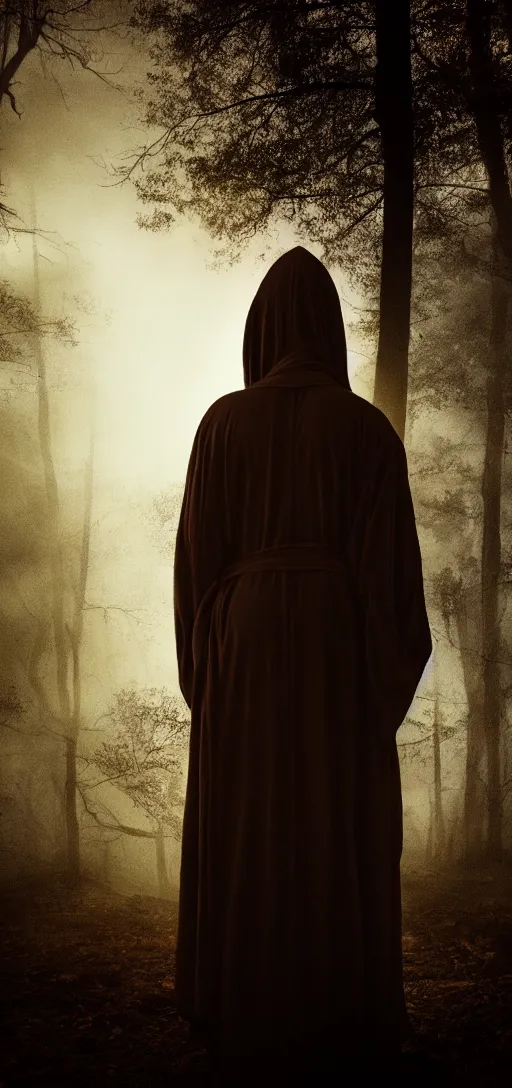 Image similar to photo of mystery figure in a long robe looks into the camera, dark fantasy, cinematic, volumetric lighting, epic composition, high detail, dark fantasy, sunset, swamp