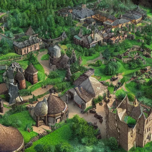 Prompt: medieval village in the middle of lush forest, highly detailed, rim light, art, cinematic lighting, very coherent, hyper realism