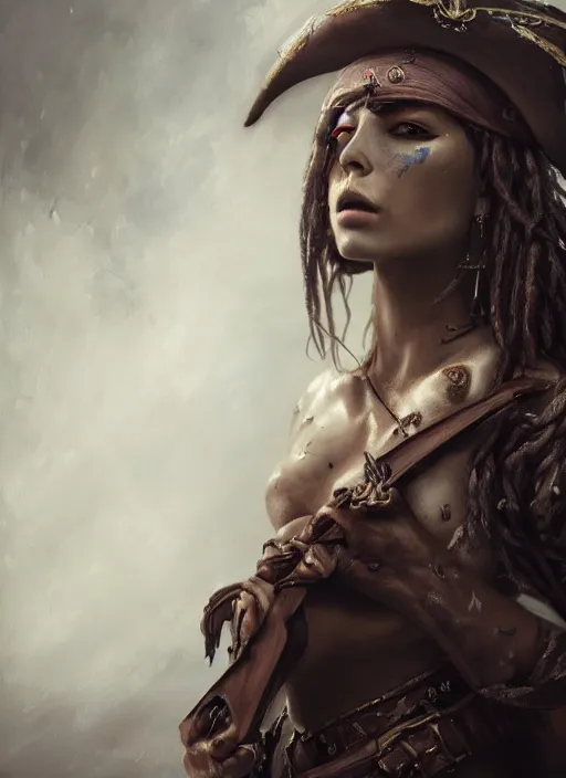 Image similar to detailed full body dark and dull oil painting of a pirate female, beautiful face, elegant pose, fantasy, illustration, insanely detailed and intricate, octane render, 4k