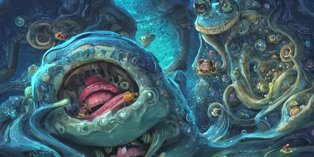 Image similar to of an intricate deep sea with strange cute friendly happy creatures with huge eyes, mouth, long tongue, round teeth and goofy face, appearing from the background, in the style of gehry and gaudi, macro lens, shallow depth of field, ultra detailed, digital painting, trending artstation, concept art, illustration, cinematic lighting, photorealism, epic, octane render