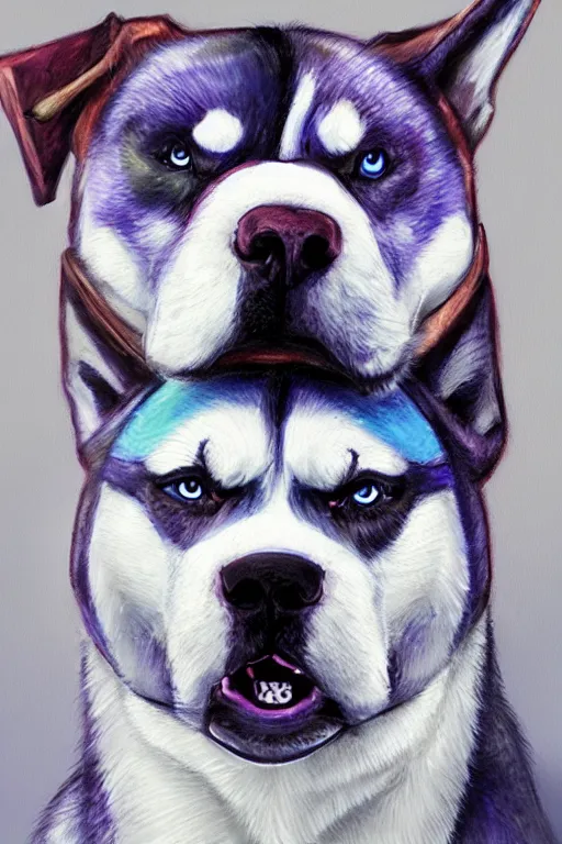 Image similar to a character design of a husky boxer in blue vest, portrait painting, anime, humanoid, anthropomorphic, personify, furry