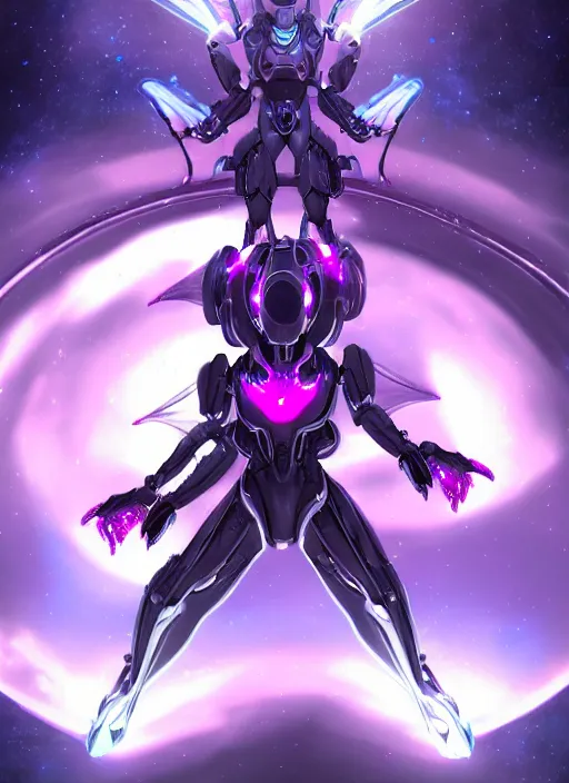 Image similar to cinematic shot, cosmic sized perfectly proportioned stunning beautiful hot female warframe, anthropomorphic robot mecha female dragon, silver, fuschia leds, floating in empty space, nebula sized, holding a galaxy, epic proportions, epic size, epic scale, furry art, dragon art, giantess art, warframe fanart, furaffinity, deviantart