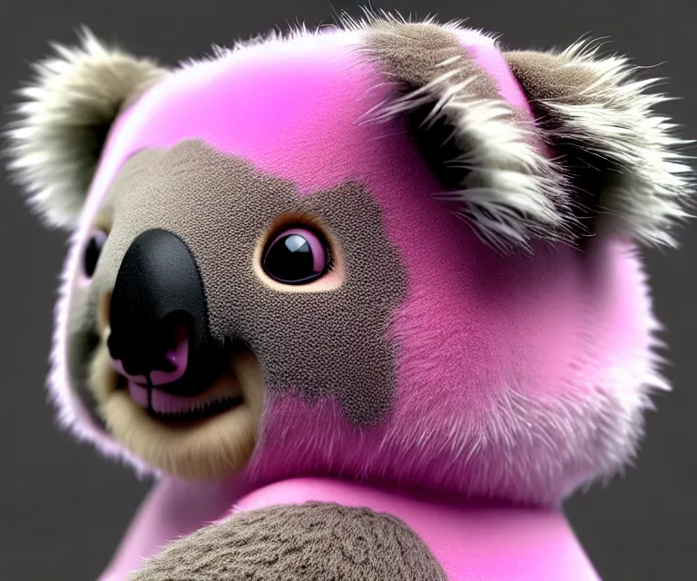 Image similar to high quality 3 d render hyperrealistic very cute small koala, plush mascot, short spiky dense fluffy smooth hair, photo from the side, pink fluffy fur, 1 5 0 mm, beautiful natural soft light, rim light, vray, smooth background, artstation, ultra detailed