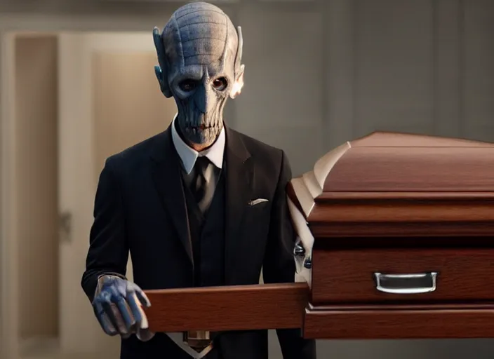 Image similar to Ebony Maw working as a funeral director in the new avengers movie, 4k