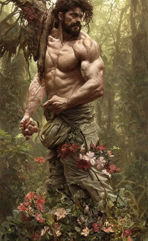 Prompt: god of the forest, 3 0 years old, rugged, male, gorgeous, detailed face, amazing, thighs!!!!!!, flowers, muscular, intricate, highly detailed, digital painting, artstation, concept art, sharp focus, illustration, art by greg rutkowski and alphonse mucha