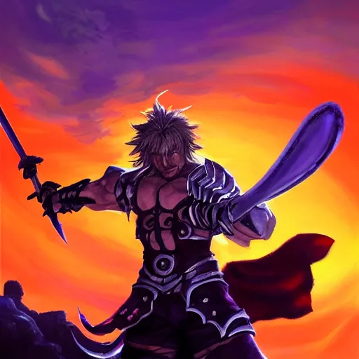 Image similar to painting of siegfried from soulcalibur!!!!!, watching a purple and orange sunset!!, from the black mage cemetery!!!, in the style of justin gerard!!!!