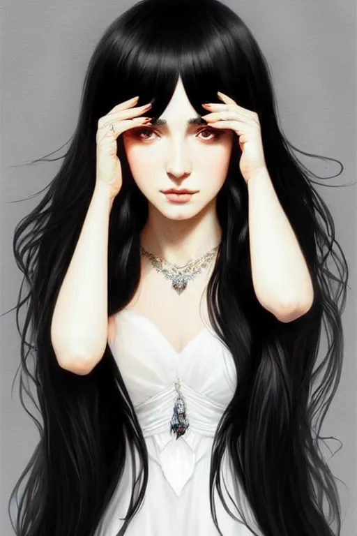 Prompt: a beautiful girl with long black hair and bangs, wearing a white dress, D&D, fantasy, portrait, sharp focus, intricate, elegant, digital painting, artstation, matte, highly detailed, concept art, illustration, ambient lighting, art by ilya kuvshinov, artgerm, Alphonse mucha, and Greg Rutkowski