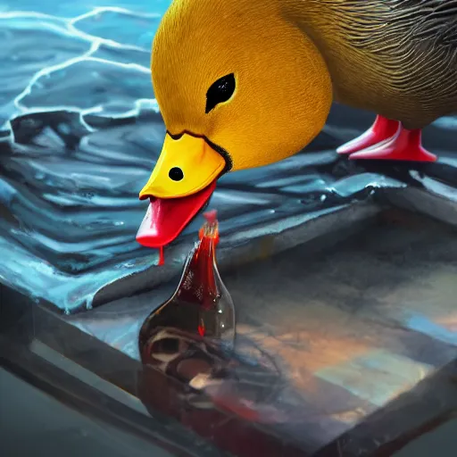 Image similar to duck drinks energy napiokmonstr energy, concept art, wlop, digital painting, trending on artstation, highly detailed, epic composition, official media, 8 k uhd