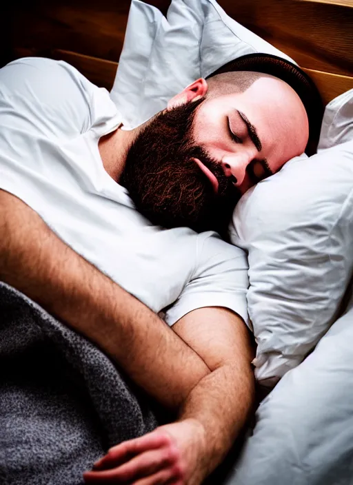 Prompt: bald man with beard sleeping peacefully in a comfortable bed next to an open safe full of shiny gold bars and money. award winning photography. photorealistic.