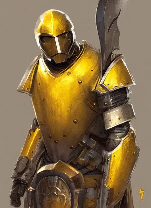 Image similar to dynamic portrait of a warforged character in yellow armor holding a paladin engraved longsword and carrying a big shield, epic , trending on ArtStation, cinematic lighting, by Greg Rutkowski and Jesper Ejsing