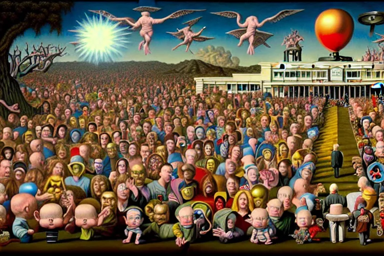 Image similar to a sparsely populated strange battle in an old hospital between old people and babies Robert Williams Mark Ryden and Alex Gross, Todd Schorr highly detailed deep perspective perfect composition