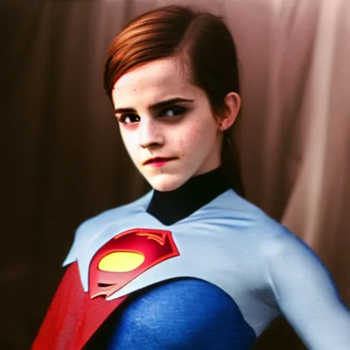 Image similar to emma watson, superhero halloween costume, award winning, kodak ektachrome expired blue tint,