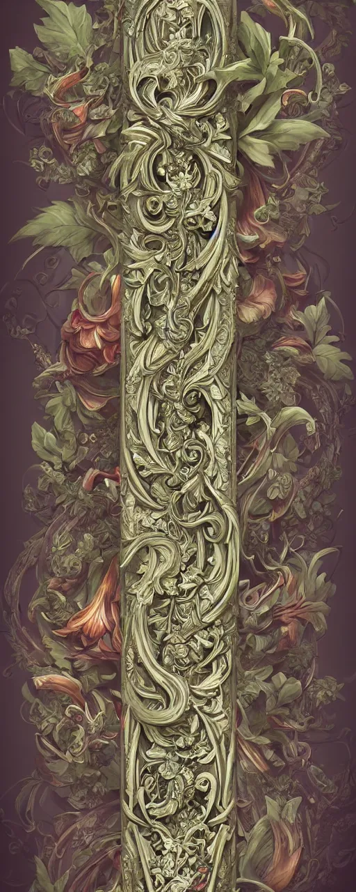 Image similar to beautiful fantasy giant sword carved with decorative ornament, acanthus scrolls, lilies, ivy, energy, geometry, bones, petals, stems, ceremonial clouds, dripping paint, fibonacci rhythm, artstation, artgerm, wlop, symmetric ornaments