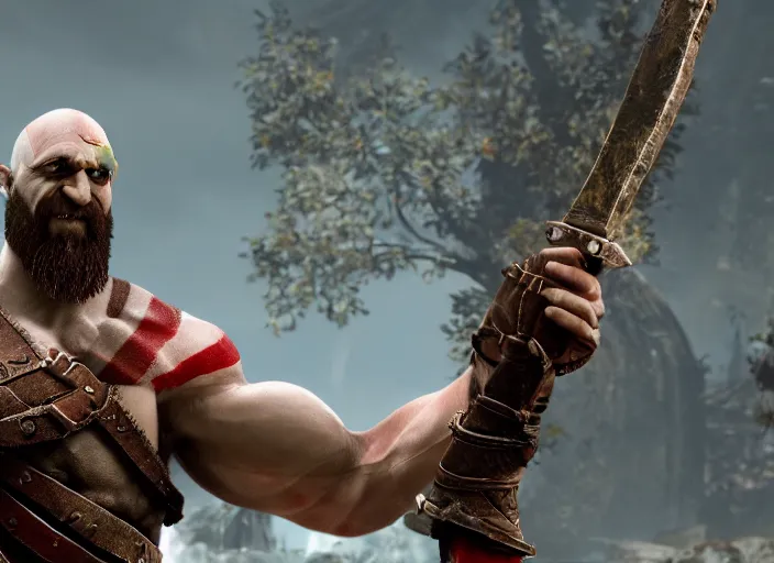 Image similar to in game screenshot of kratos holding up a laptop computer in victory from the new god of war game, 4 k