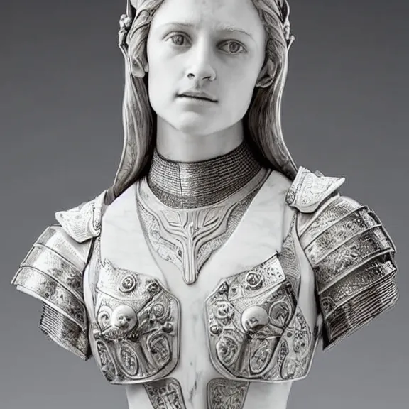 Image similar to a white art nouveau marble and silver sculptural bust of alicia vikander as joan of arc, wearing plate armor, delicate, intricate, smooth, beautiful, by charles van der stappen