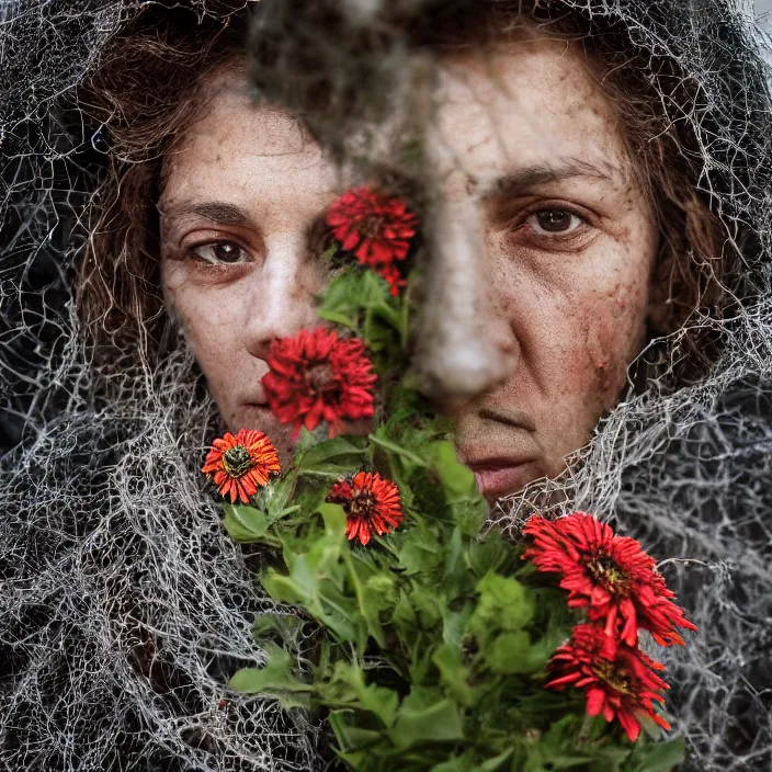 Prompt: a closeup portrait of a woman wearing a hooded cloak made of zinnias and barbed wire, in a derelict house, by Corbin Gurkin, natural light, detailed face, CANON Eos C300, ƒ1.8, 35mm, 8K, medium-format print