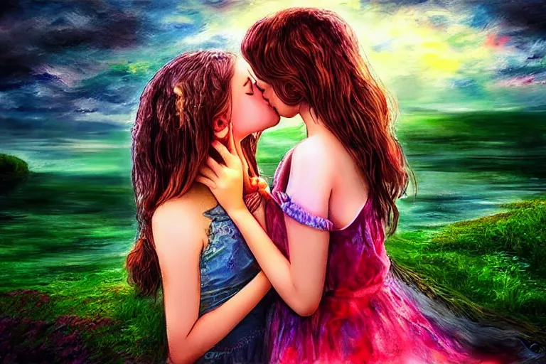 Prompt: girl kiss, fantasy, pen painting, ultra realistic!!!, hdr, clear weather, golden hour, sharp focus