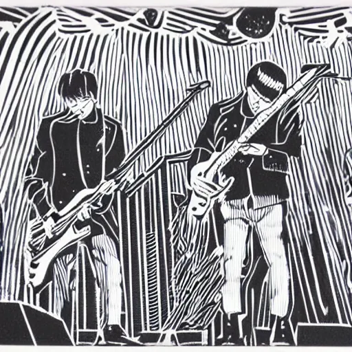 Image similar to a linocut engraving of yellow magic orchestra playing a concert