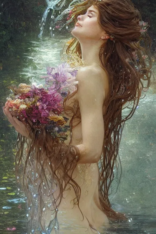 Image similar to portrait of a beautiful mysterious woman holding a bouquet of flowing flowers, wet dripping long hair, hands hidden from view, emerging from the water, fantasy, regal, intricate, by stanley artgerm lau, greg rutkowski, thomas kindkade, alphonse mucha, loish, norman rockwell