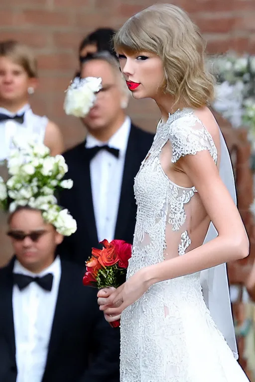 Image similar to taylor swift in a beautiful wedding dress, focus on face and facial details