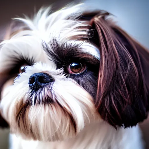 Prompt: shih tzu with brown and black fur, photography, 8 k, macro lens