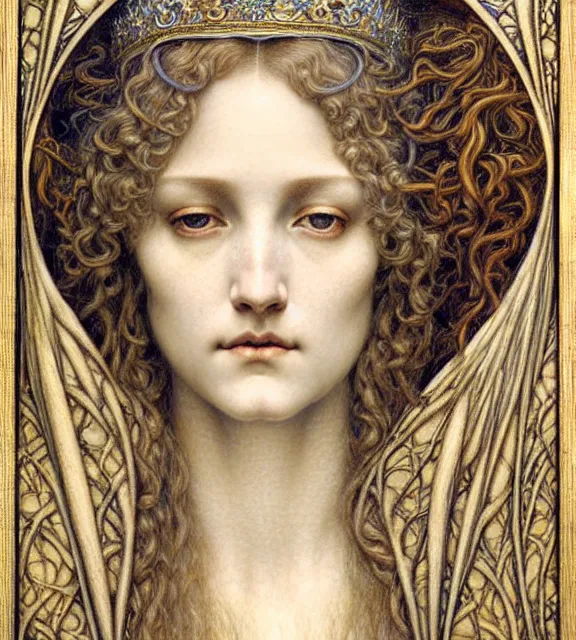 Image similar to detailed realistic beautiful young medieval queen face portrait by jean delville, gustave dore and marco mazzoni, art nouveau, symbolist, visionary, gothic, pre - raphaelite. horizontal symmetry