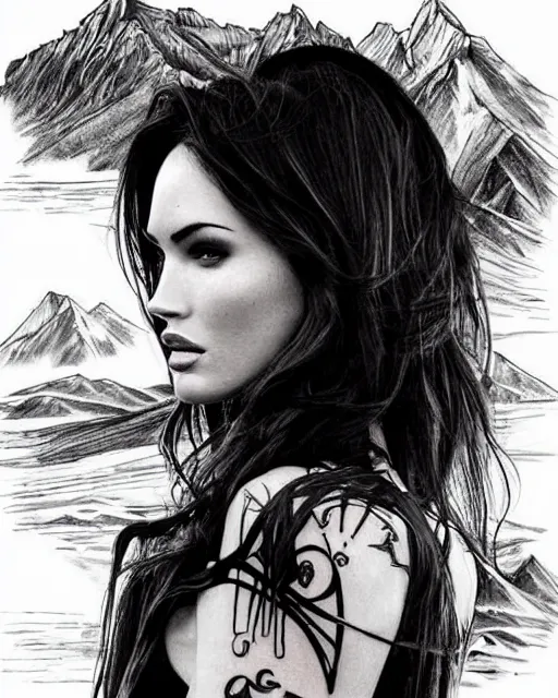 Image similar to creative double exposure effect tattoo design sketch of megan fox with beautiful mountains, realism tattoo, in the style of andrey lukovnikov, amazing detail, sharp