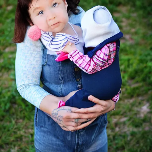 Image similar to adult-sized-baby holding a baby-sized-adult