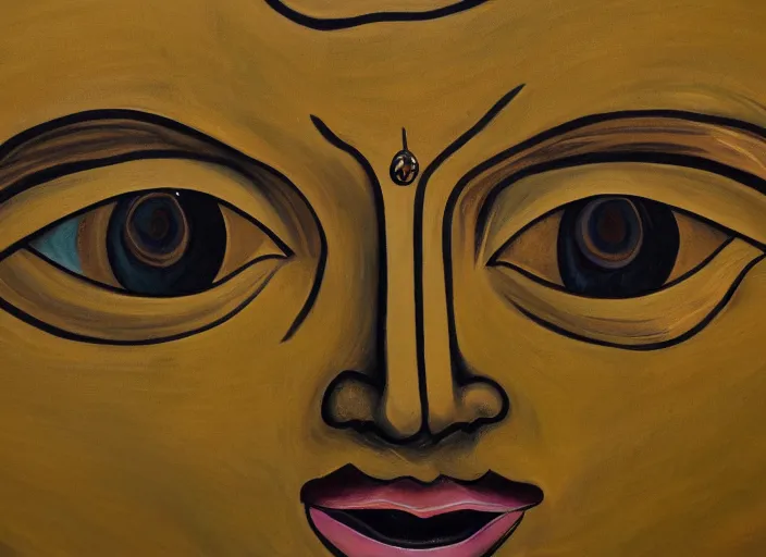 Image similar to a painting of giant buddahs eyes floating in the desert in gold color palette