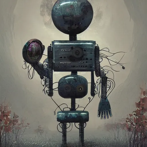 Image similar to abandoned robot made from old electronics parts, illustration by gediminas pranckevicius