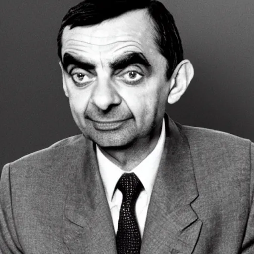 Image similar to Photo of Mr Bean, there is a mushroom cloud in the background