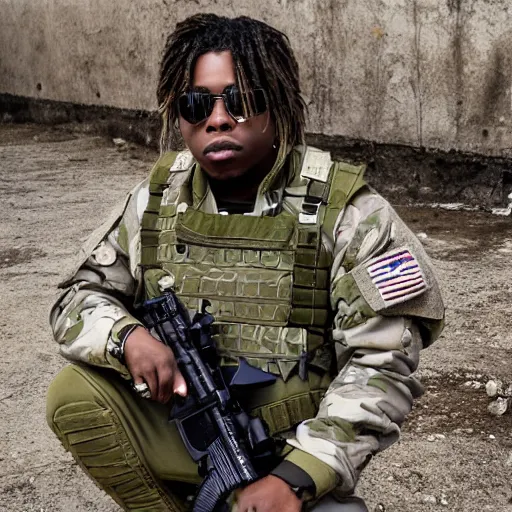 Prompt: the rapper gunna dressed in full combat gear serving in iraq, film grain, smiling