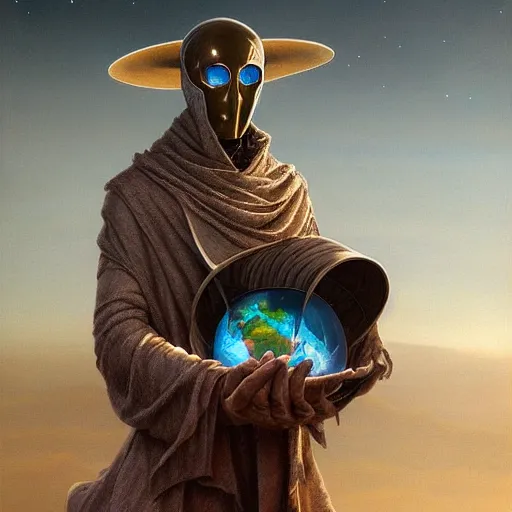 Image similar to masked nomad male wearing a cloak on an alien world and holding a holographic planet projection in his hand, detailed, sci - fi, digital painting, artstation, sharp focus, illustration, ominous, artgerm, tomasz alen kopera, peter mohrbacher, donato giancola, joseph christian leyendecker, wlop, frank frazetta