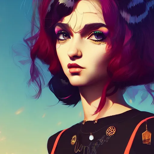 Image similar to a portrait of a beautiful punkrock gypsy, art by ilya kuvshinov and wlop and artgerm and josan gonzalez, digital art, highly detailed, intricate, sharp focus, trending on artstation hq, deviantart, pinterest, unreal engine 5, 4 k uhd image