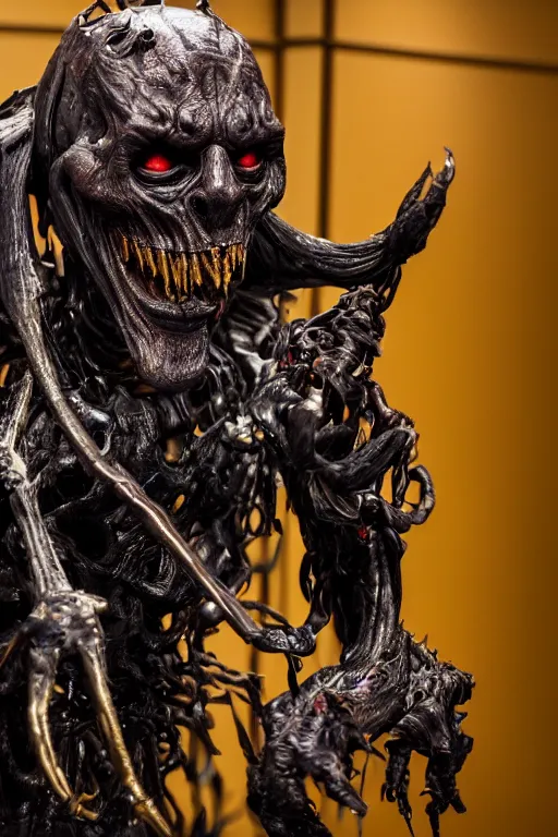 Image similar to photo taken of an epic intricate, ultra detailed, super realistic sculpture of a nightmarish hellish demonic grim reaper animatronic on display in a workshop, created by weta workshop, full body shots, photorealistic, sharp focus, f 0. 4, face centred, macro photography, golden ratio, golden hour