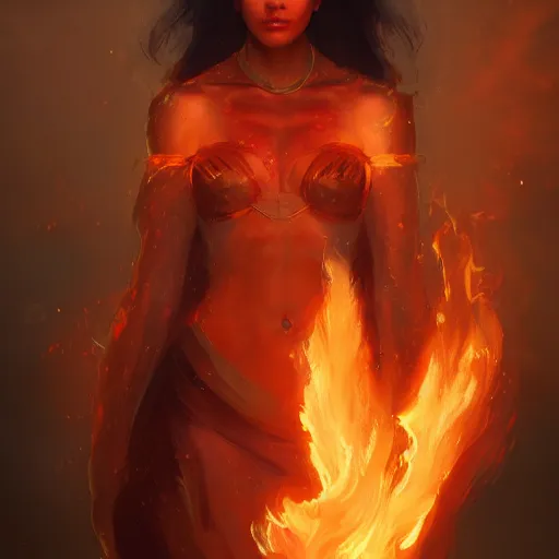 Prompt: a beautiful portrait of a flame goddess by by Greg Rutkowski and Raymond Swanland, Trending on Artstation, Flaming Background, ultra realistic digital art