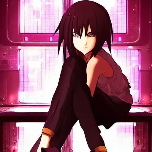 Image similar to advanced anime digital art, cyberpunk girl sitting in a box , visual key, Makoto Shikai