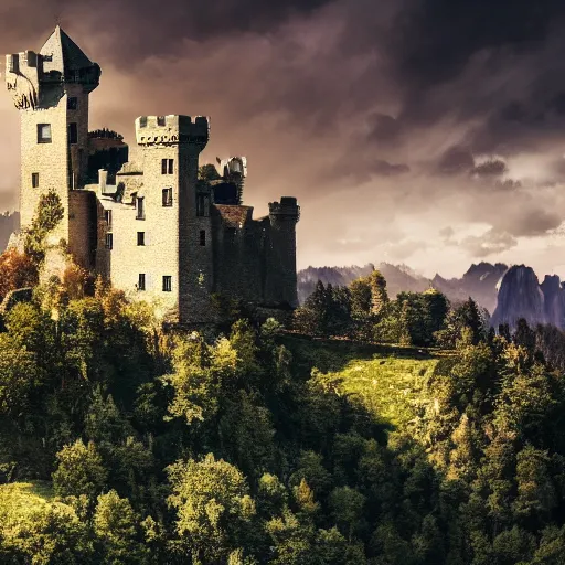 Prompt: a photo of a castle covered by nature, cinematic, very detailed, 8 k uhd, mountains in the horizon