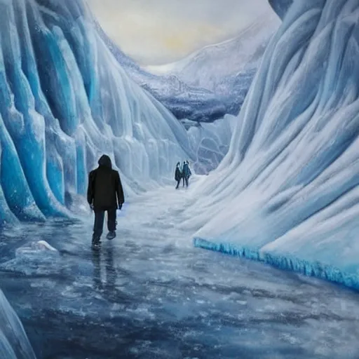 Image similar to A majestic ice cave a river and mountains. A small group of birds is flying in the sky. Harsh winter. very windy. There is a man walking in a deep snow.Camera is positioned behind the man. Cinematic, very beautiful, painting in the style of Lord of the rings