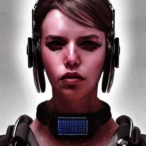 Image similar to detailed realistic female character cyberpunk wearing thick technological collar around neck, realistic, art, beautiful, 4K, collar, choker, collar around neck, punk, artstation, detailed, female, woman, choker, cyberpunk, neon, punk, collar, choker, collar around neck, thick collar, tight around neck, punk,