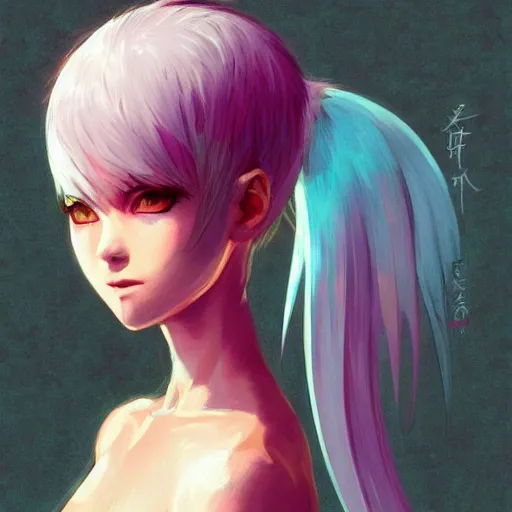 Image similar to portrait of anime pixie character with half shaved hair, manga cover, highly detailed, digital painting, artstation, concept art, sharp focus, illustration, strong brush stroke, anime, art by greg rutkowski, ilya kuvshinov, sharp focus, ghibli studio, art by ilya kuvshinov, rossdraws