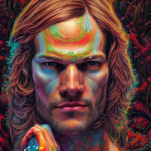 Image similar to portrait of jared padalecki, hyper detailed masterpiece, neon floral pattern, jean giraud, digital art painting, darkwave goth aesthetic, psychedelic, artgerm, donato giancola and tom bagshaw