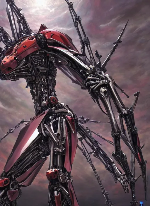 Image similar to mecha Evangelion by Yoshitaka Amano, by HR Giger, biomechanical, 4k, hyper detailed, hyperrealism, anime, a Blood Moon rising on a Broken World, deviantart, artstation