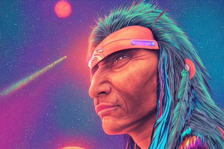 Image similar to photograph of a spiritual native american man looking up at the stars, art, universe, blender, pastel colors, synthwave, retro, cyberpunk,