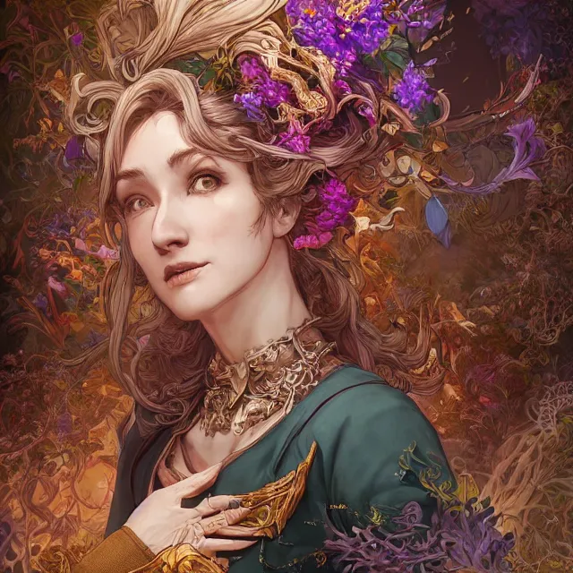 Image similar to the portrait of chaotic good female druid alchemist as absurdly beautiful, gorgeous, elegant, sophisticated happy woman, an ultrafine hyperdetailed illustration by kim jung gi, irakli nadar, intricate linework, sharp focus, bright colors, octopath traveler, final fantasy, unreal engine 5 highly rendered, global illumination, radiant light, detailed and intricate environment