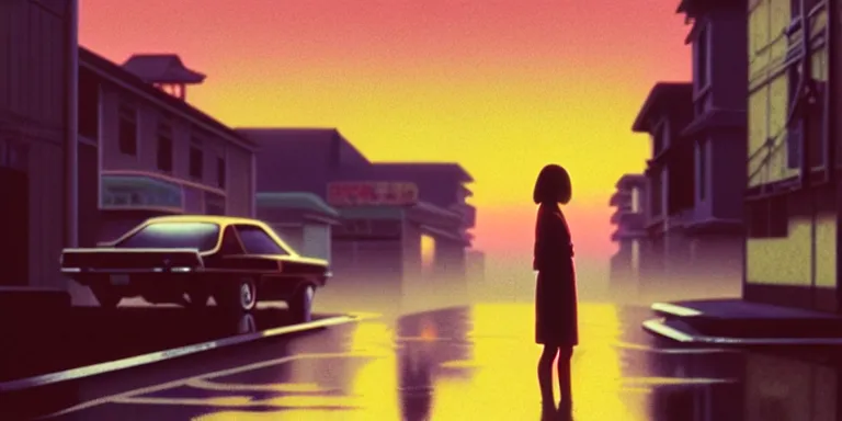 Image similar to an immaculate isometric cinematic keyframe matte painting of the silhouette of a young japanese girl standing in wide wet street 1 9 7 0 s vaporwave rust belt city at dusk with an oversized moon, just after the rain has cleared. by eric lafforgue, glennray tutor and edward hopper, greg rutkowski. trending on artstation.